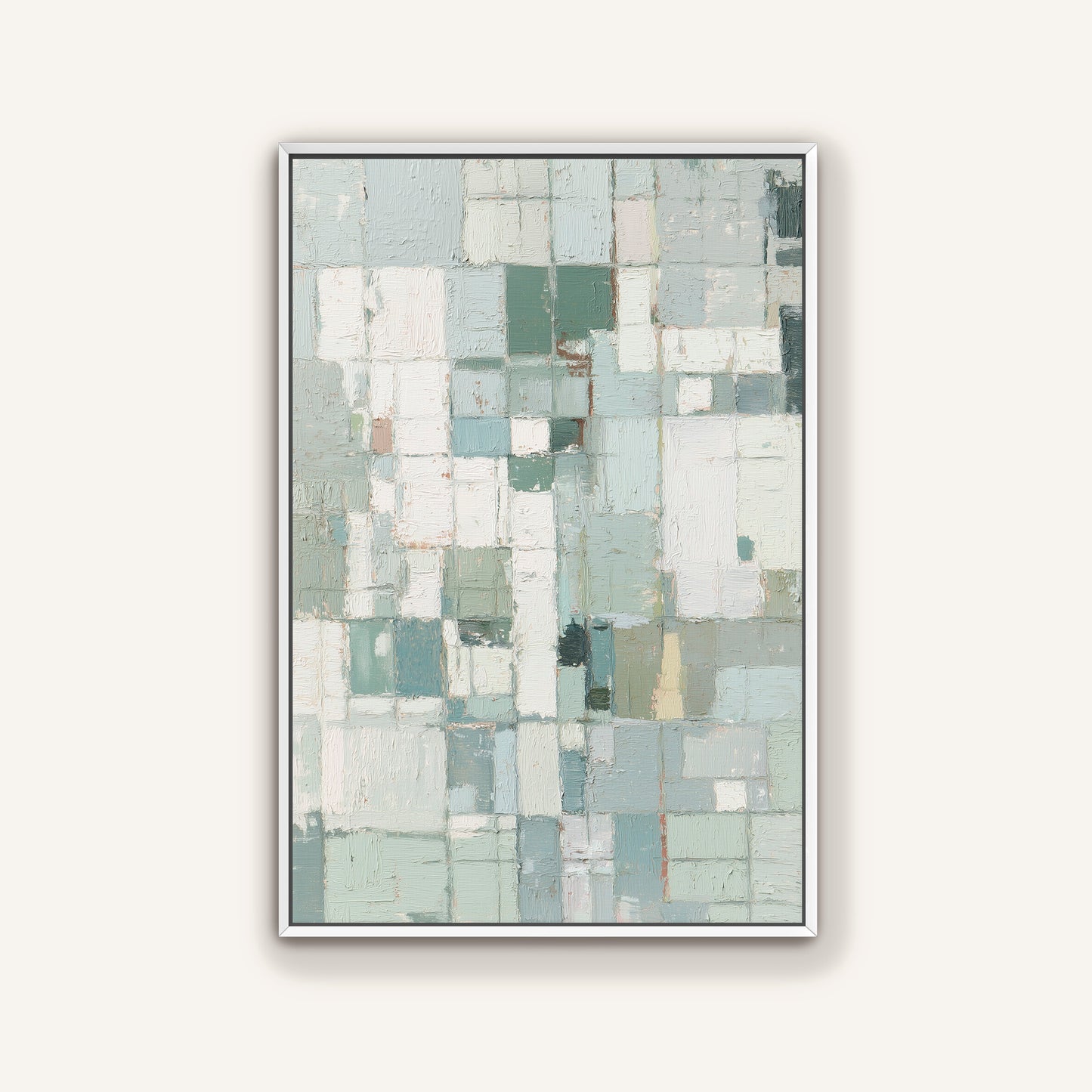 Modern abstract wall art in white floating frame with painterly block design.