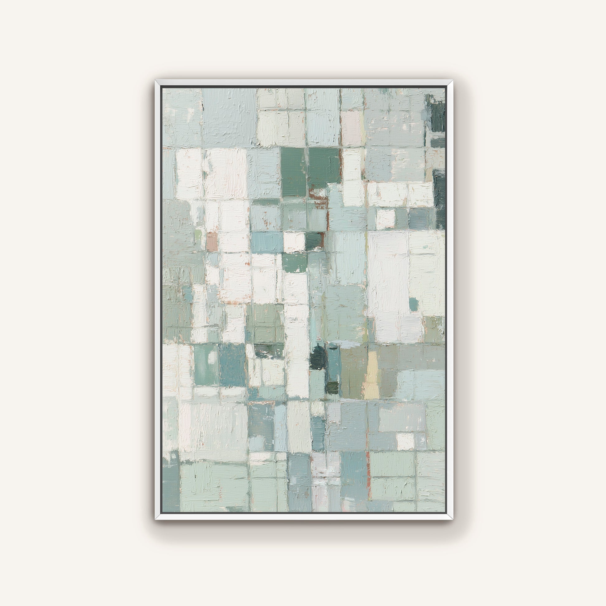 Modern abstract wall art in white floating frame with painterly block design.
