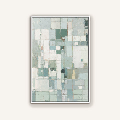 Modern abstract wall art in white floating frame with painterly block design.