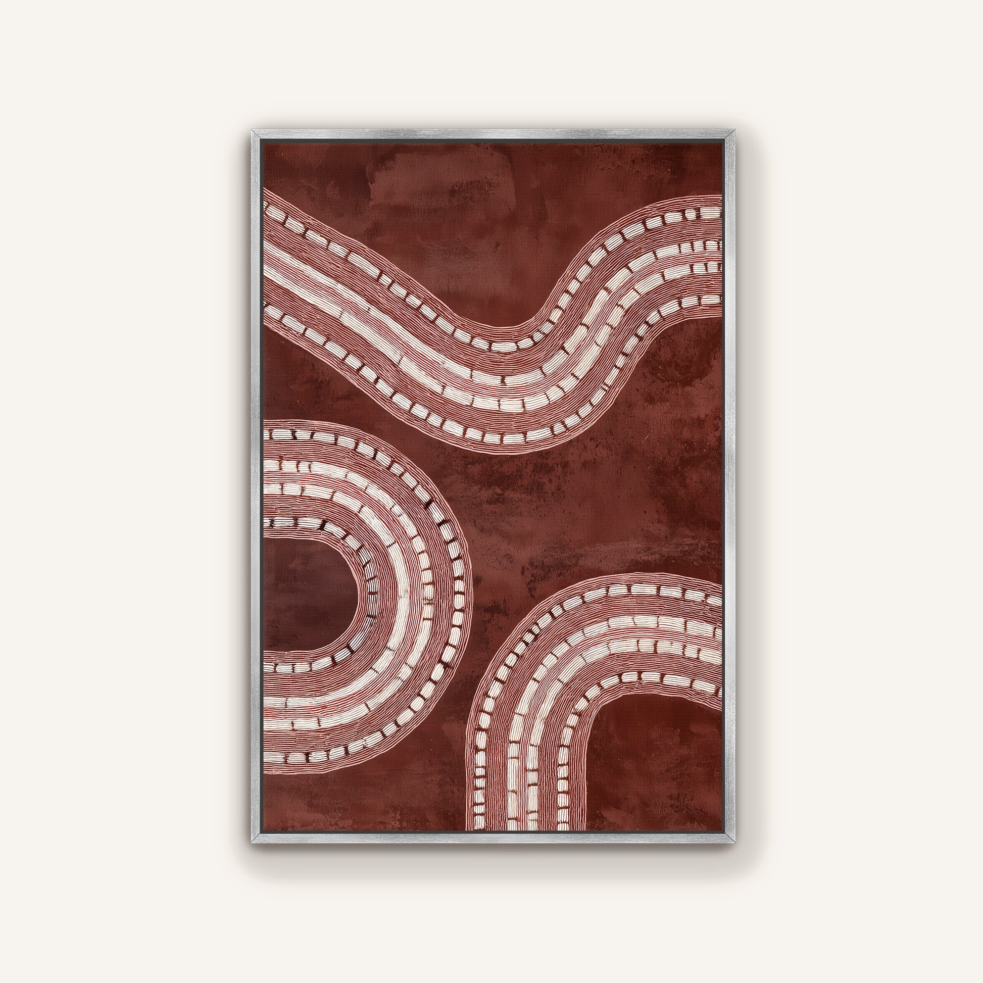 Close-up of burgundy abstract painting in a modern silver floating frame. Textured, minimalist design.