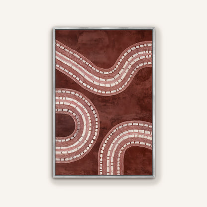 Close-up of burgundy abstract painting in a modern silver floating frame. Textured, minimalist design.