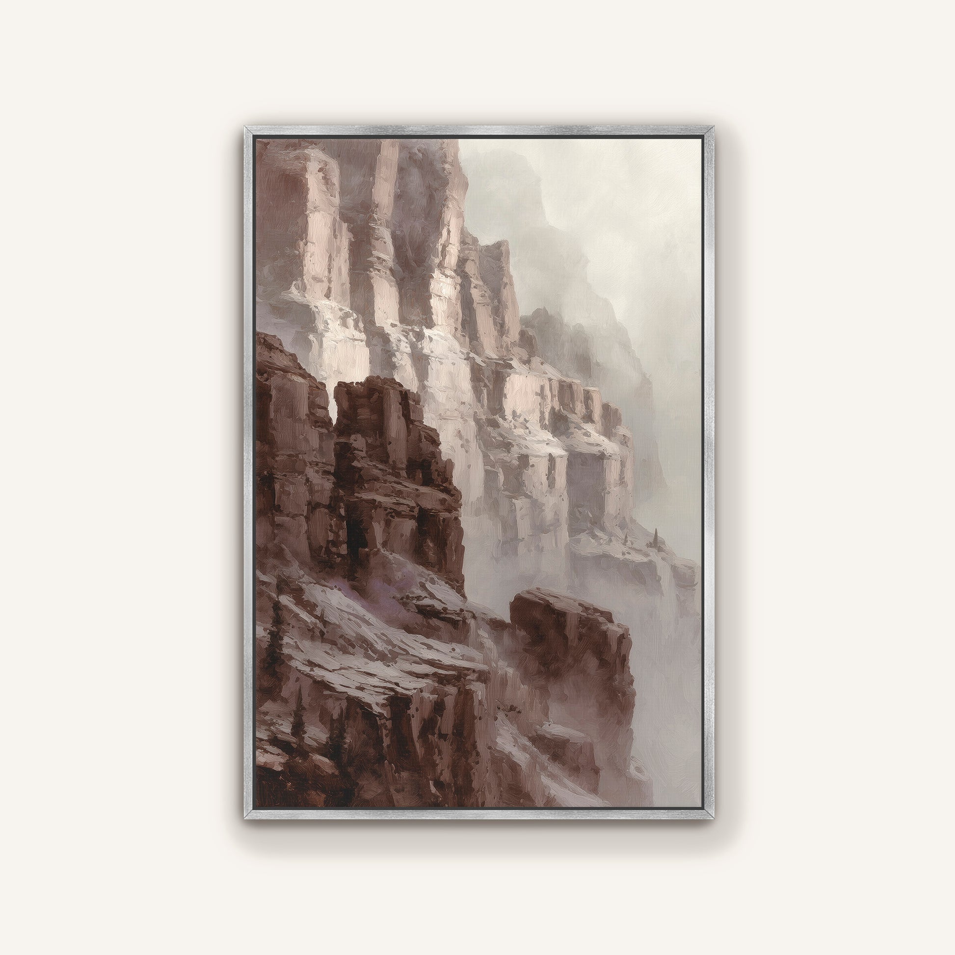Canyon cliff wall art in muted sienna and ivory tones with silver floating frame