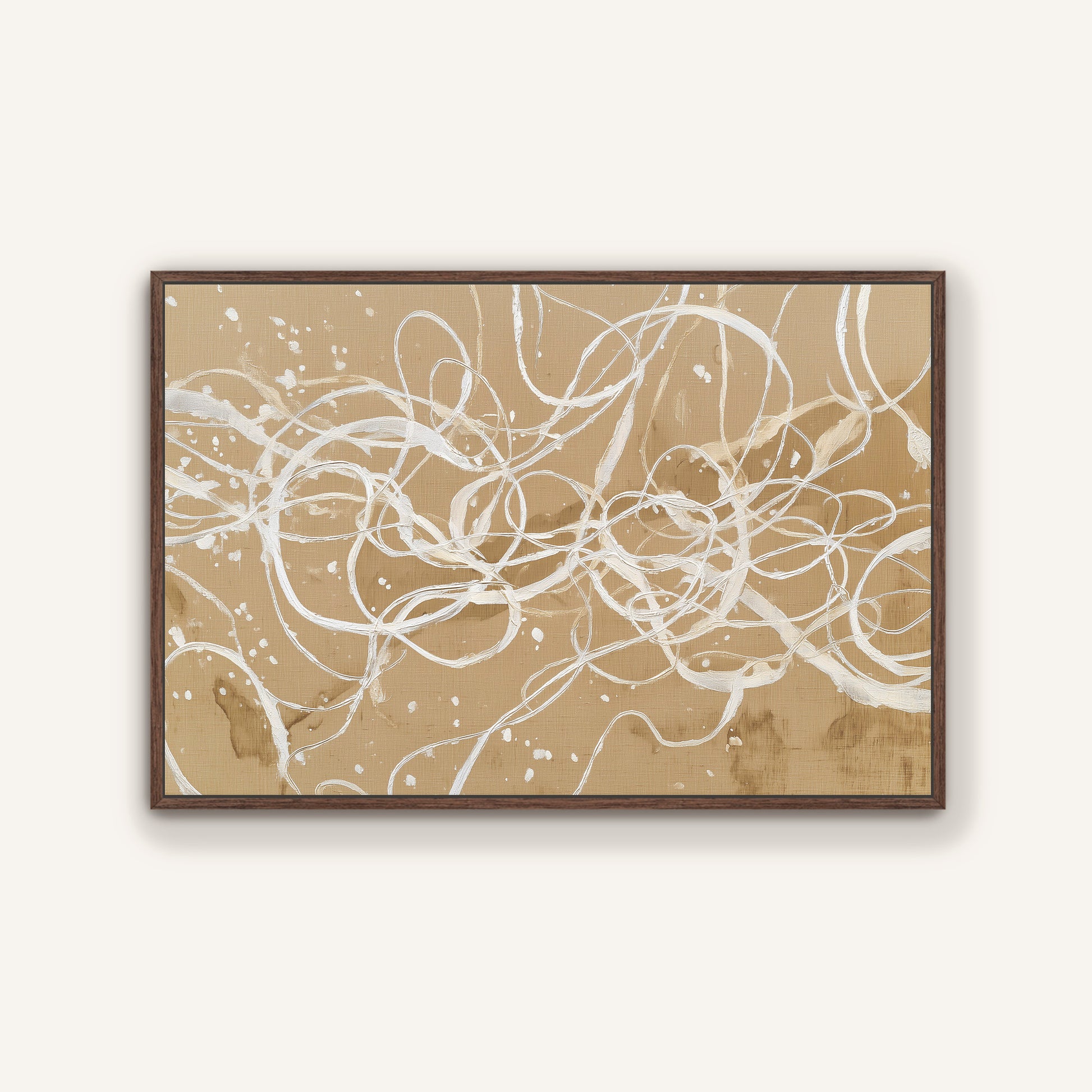 Neutral abstract linework artwork with espresso floating frame