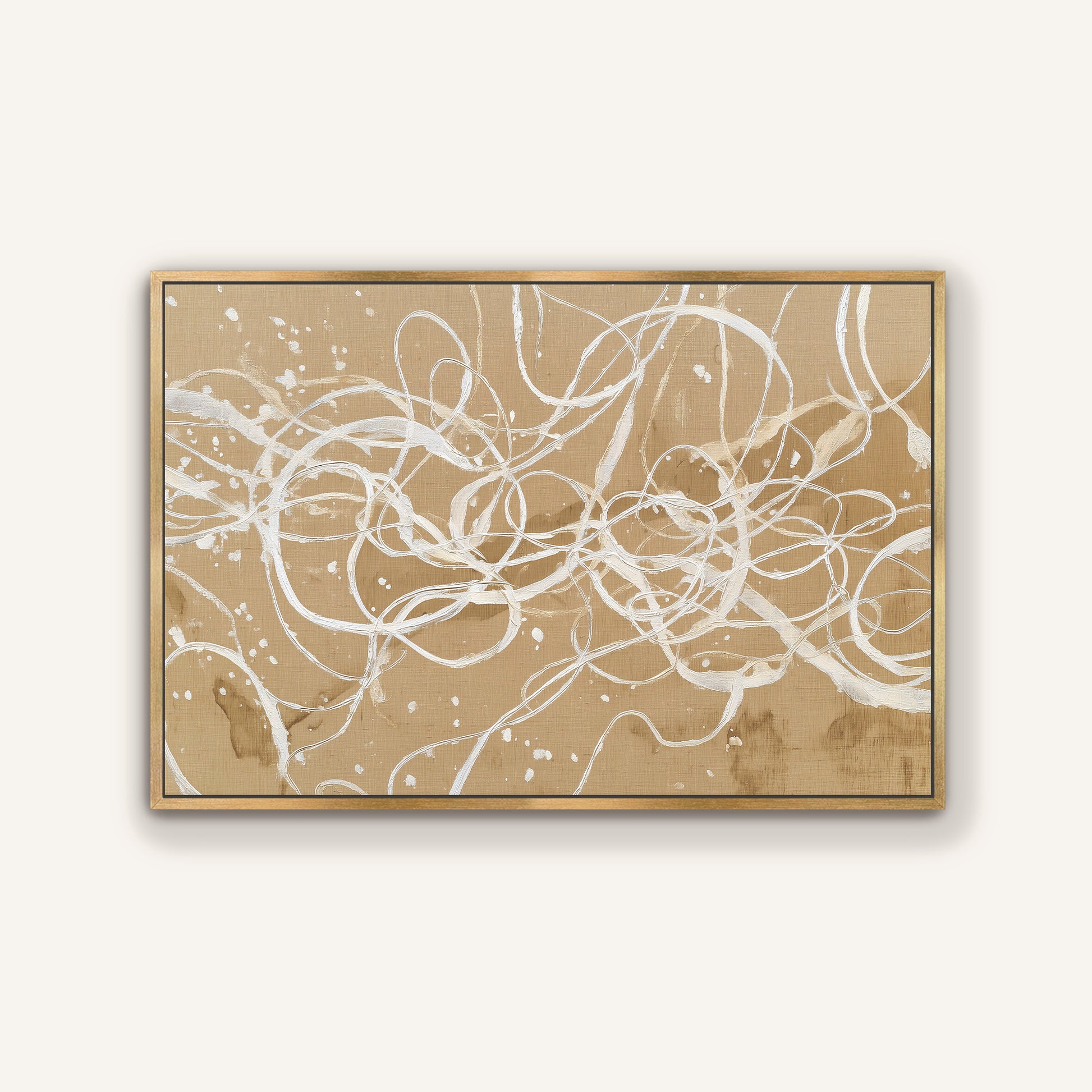 Beige abstract linework canvas art with gold floating frame