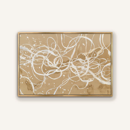 Beige abstract linework canvas art with gold floating frame