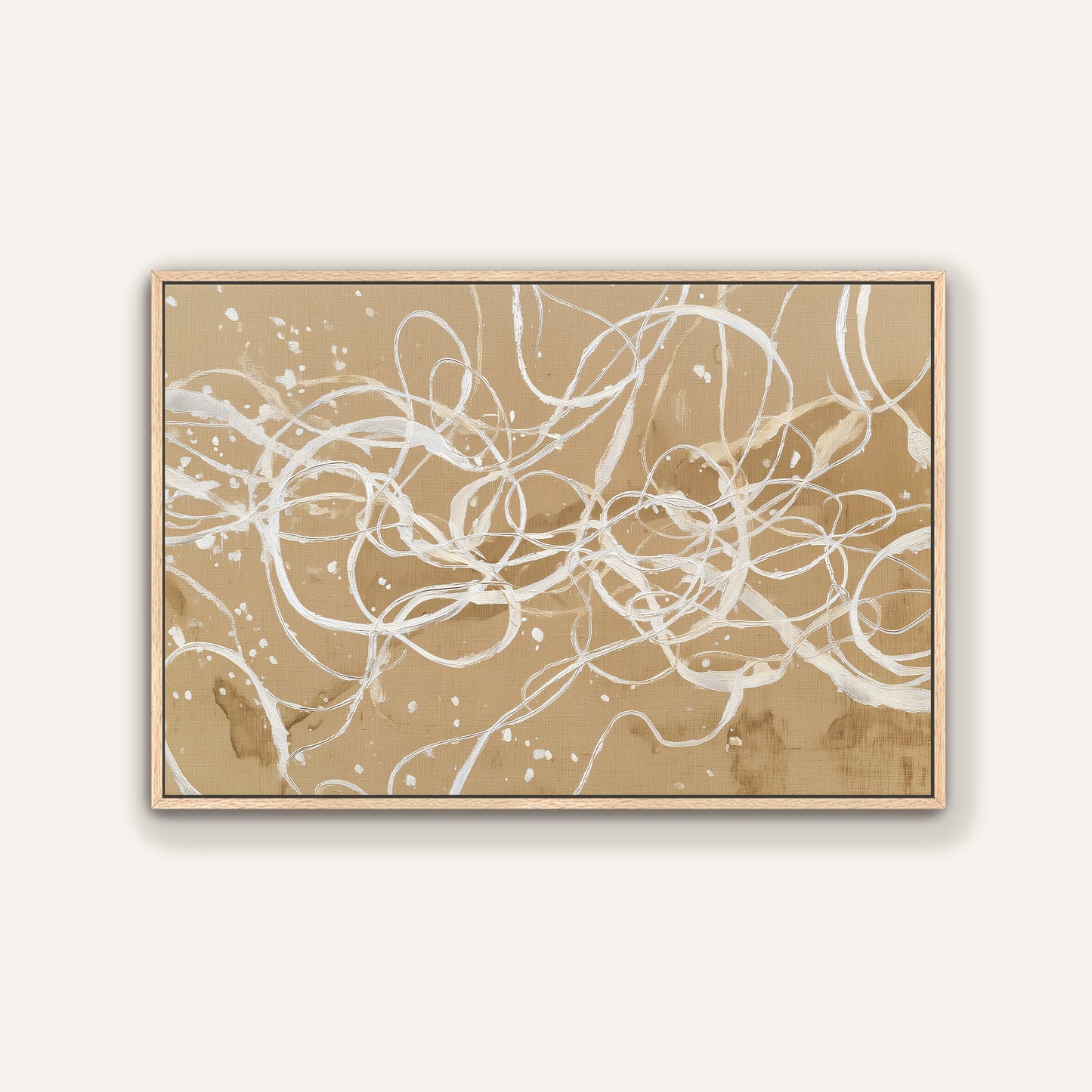 Neutral abstract linework canvas print with natural wood floating frame