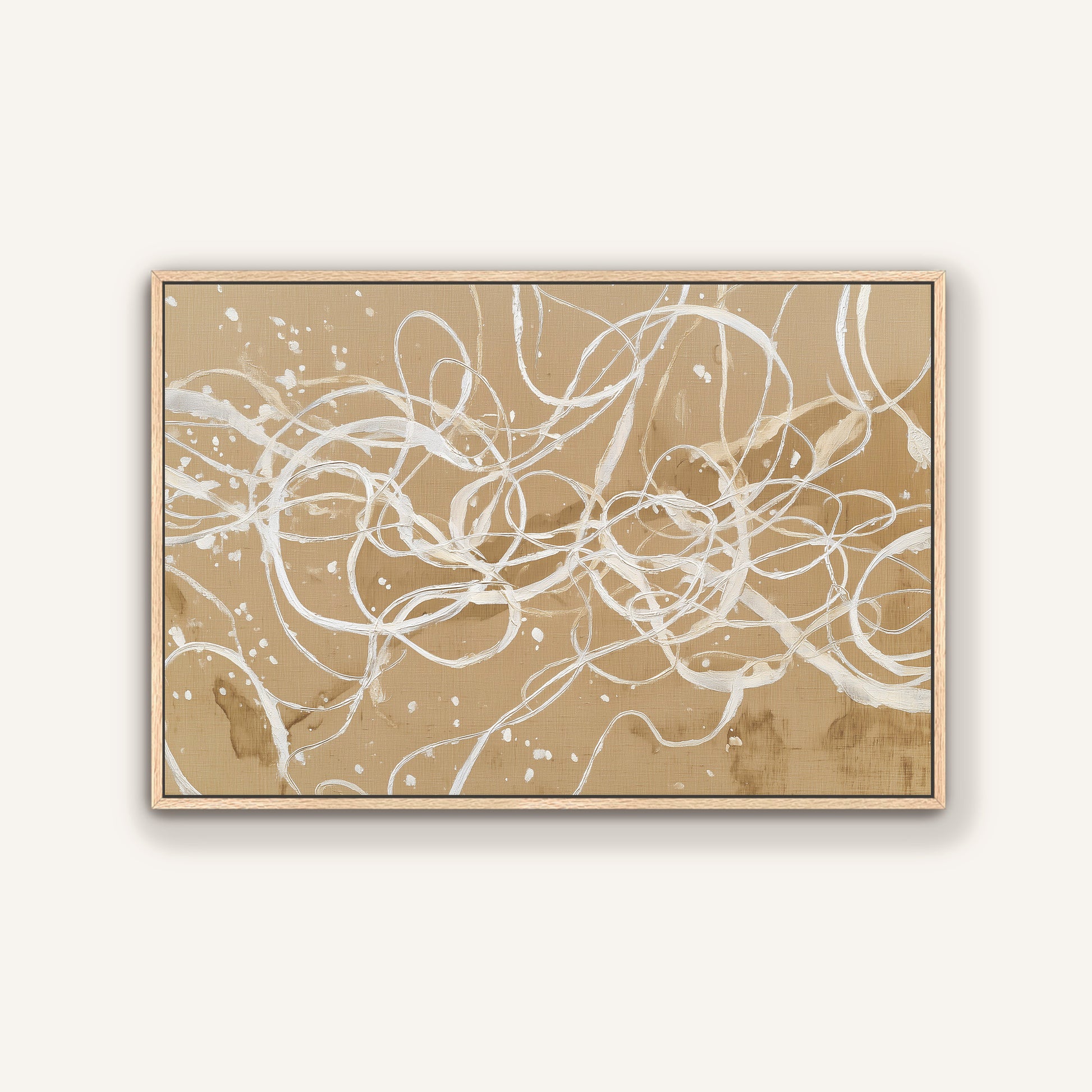 Neutral abstract linework canvas print with natural wood floating frame