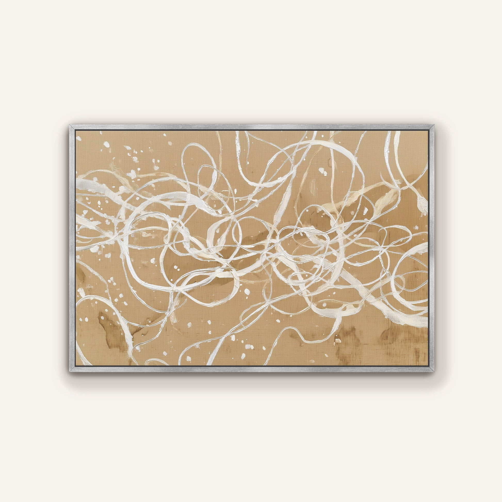 Abstract beige and ivory linework artwork in sleek silver floating frame
