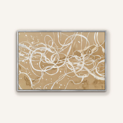 Abstract beige and ivory linework artwork in sleek silver floating frame