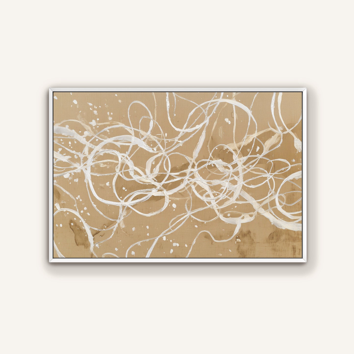 Beige abstract canvas with ivory strokes in minimalist white floating frame
