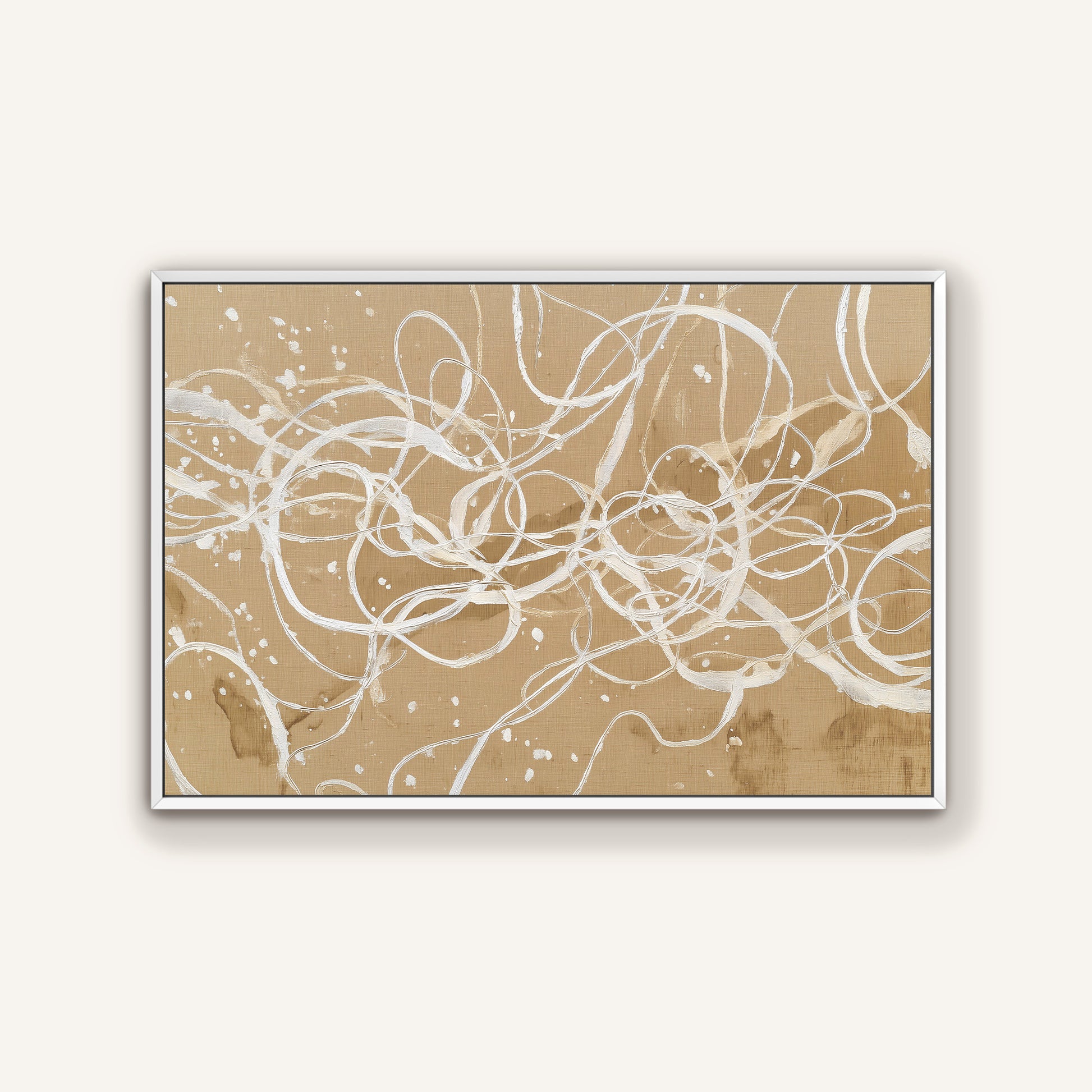 Beige abstract canvas with ivory strokes in minimalist white floating frame