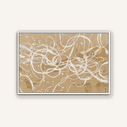 Beige abstract canvas with ivory strokes in minimalist white floating frame