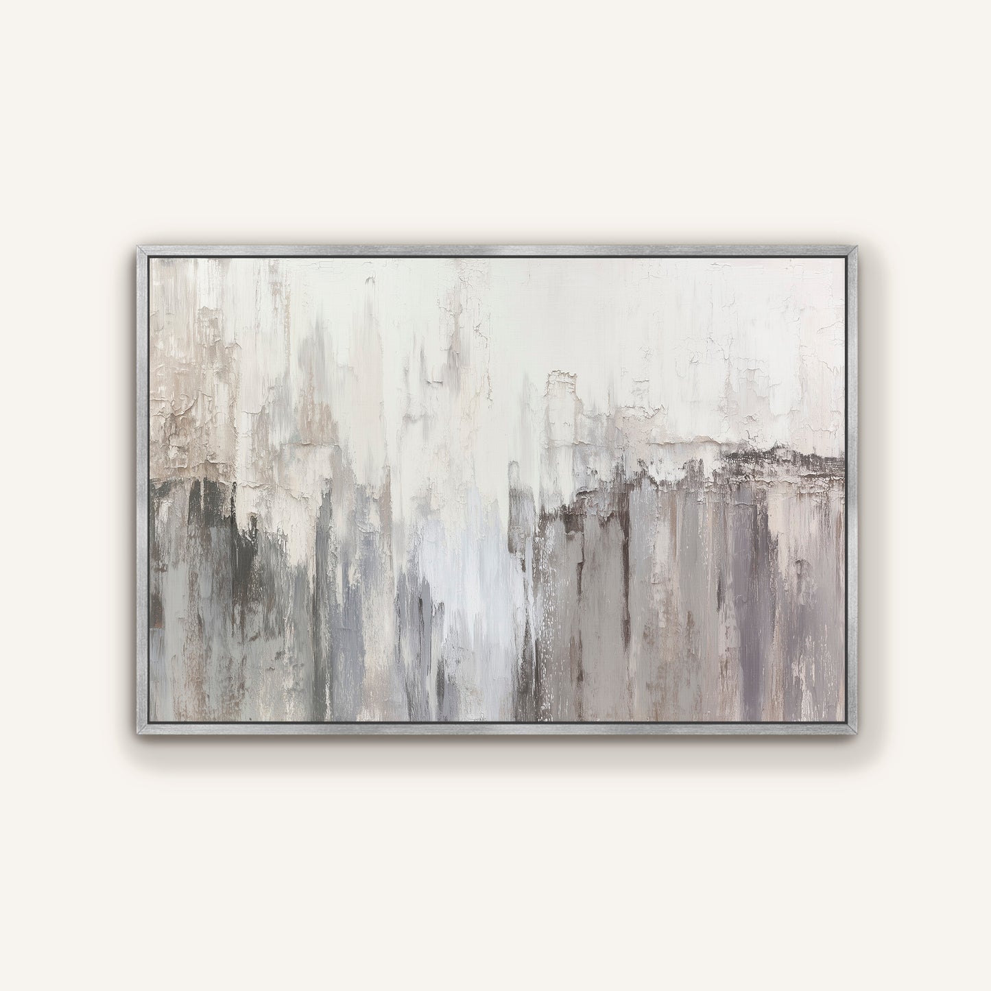 Neutral abstract wall art with silver floater frame