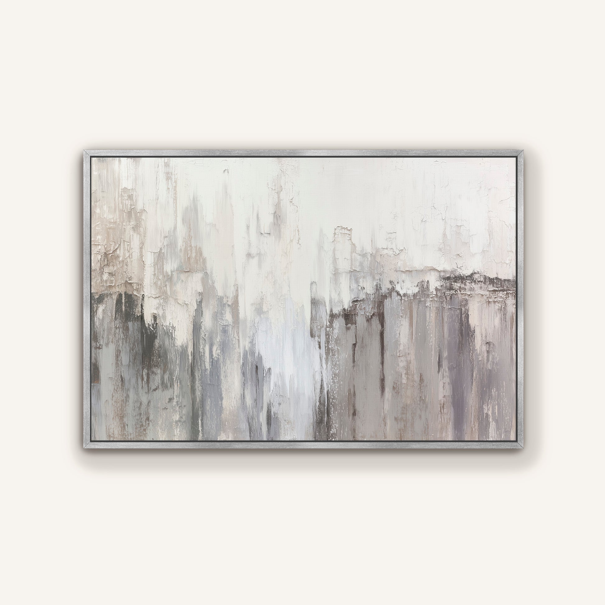 Neutral abstract wall art with silver floater frame