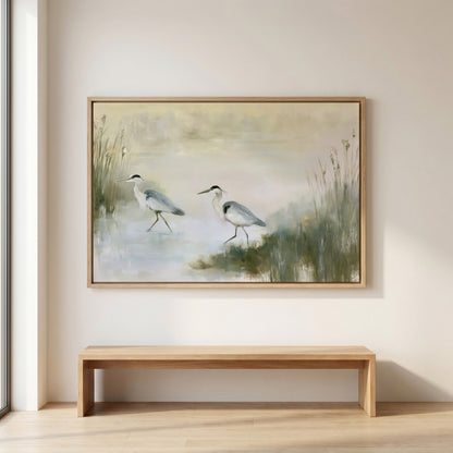 a large painting of two birds walking in a grassy field, hanging on a wall above a wooden bench.