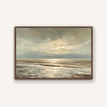 The image is a painting depicting a serene ocean scene with waves gently lapping against the shore.