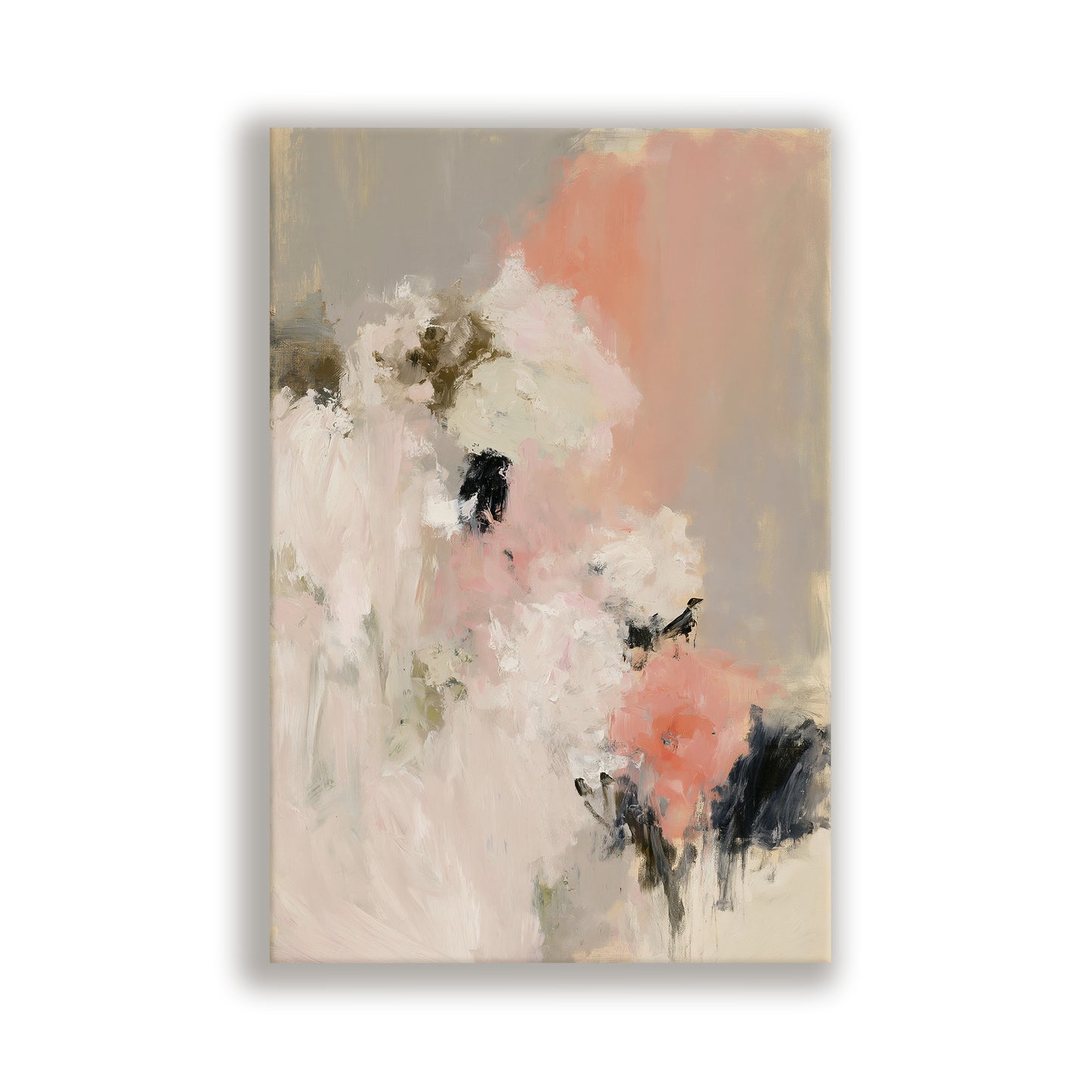 The image is an abstract painting with a mix of pink, white, and black colors.