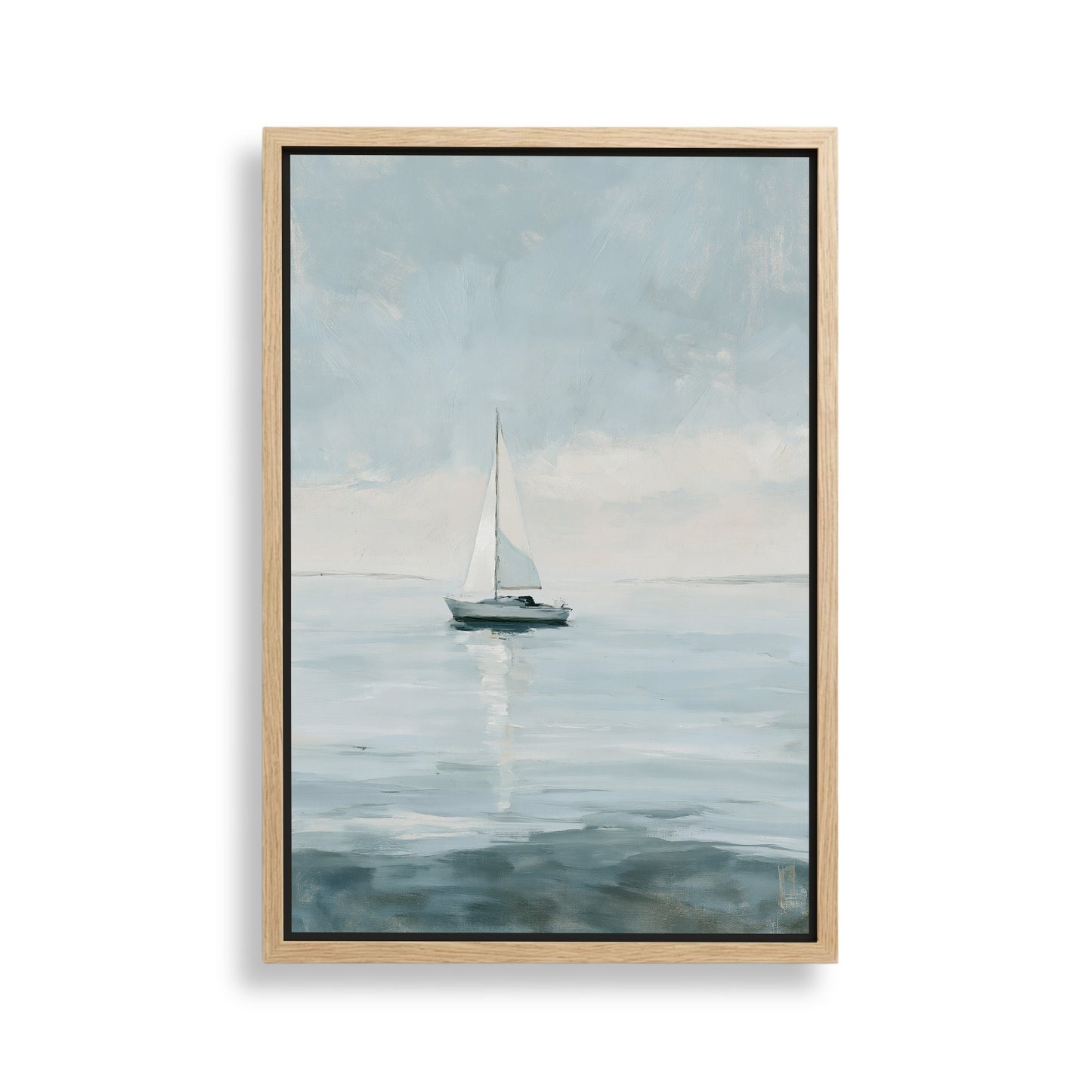 A painting of a sailboat on the water, with a cloudy sky in the background.