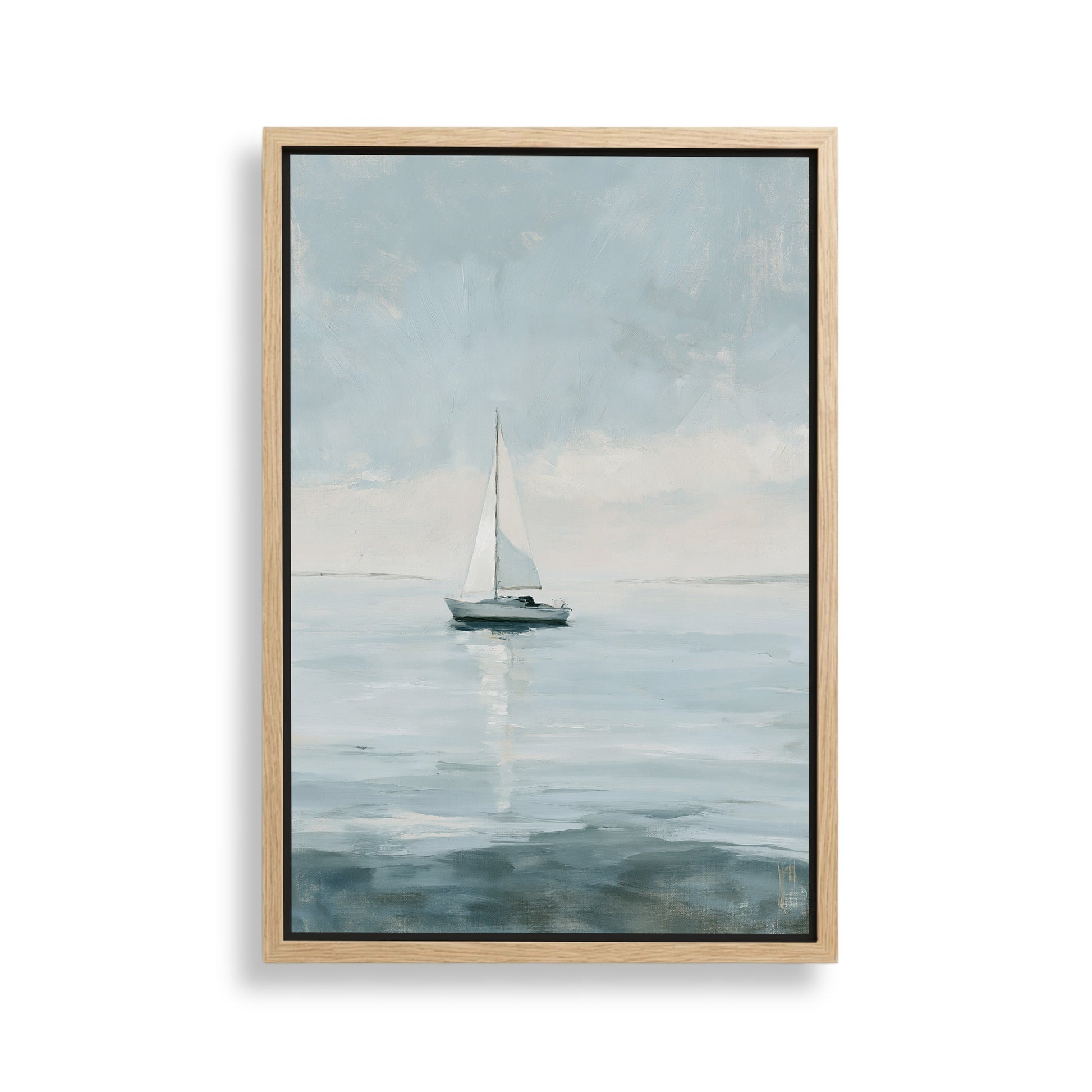 A painting of a sailboat on the water, with a cloudy sky in the background.