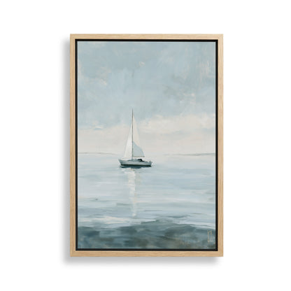 A painting of a sailboat on the water, with a cloudy sky in the background.