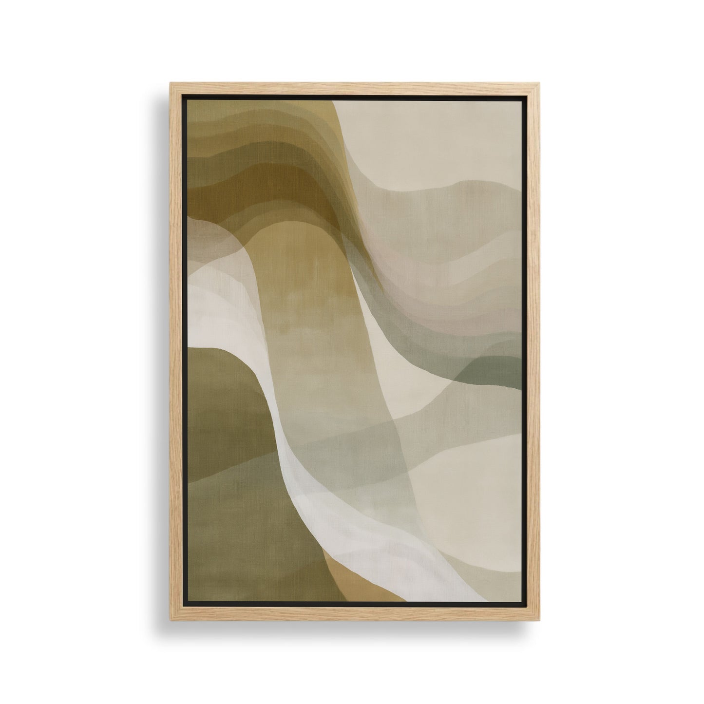 The image is a framed abstract artwork with a minimalist design featuring a series of overlapping curved lines in various shades of brown and beige.