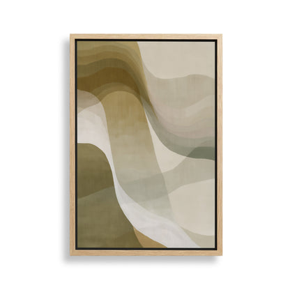 The image is a framed abstract artwork with a minimalist design featuring a series of overlapping curved lines in various shades of brown and beige.