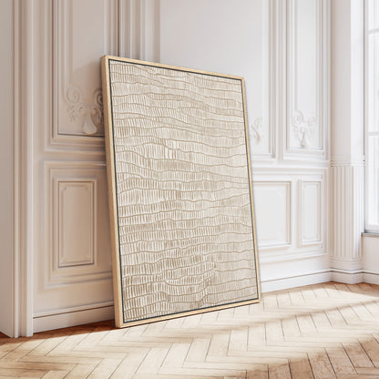 a large, rectangular, abstract artwork with a textured, geometric pattern on a white wall.