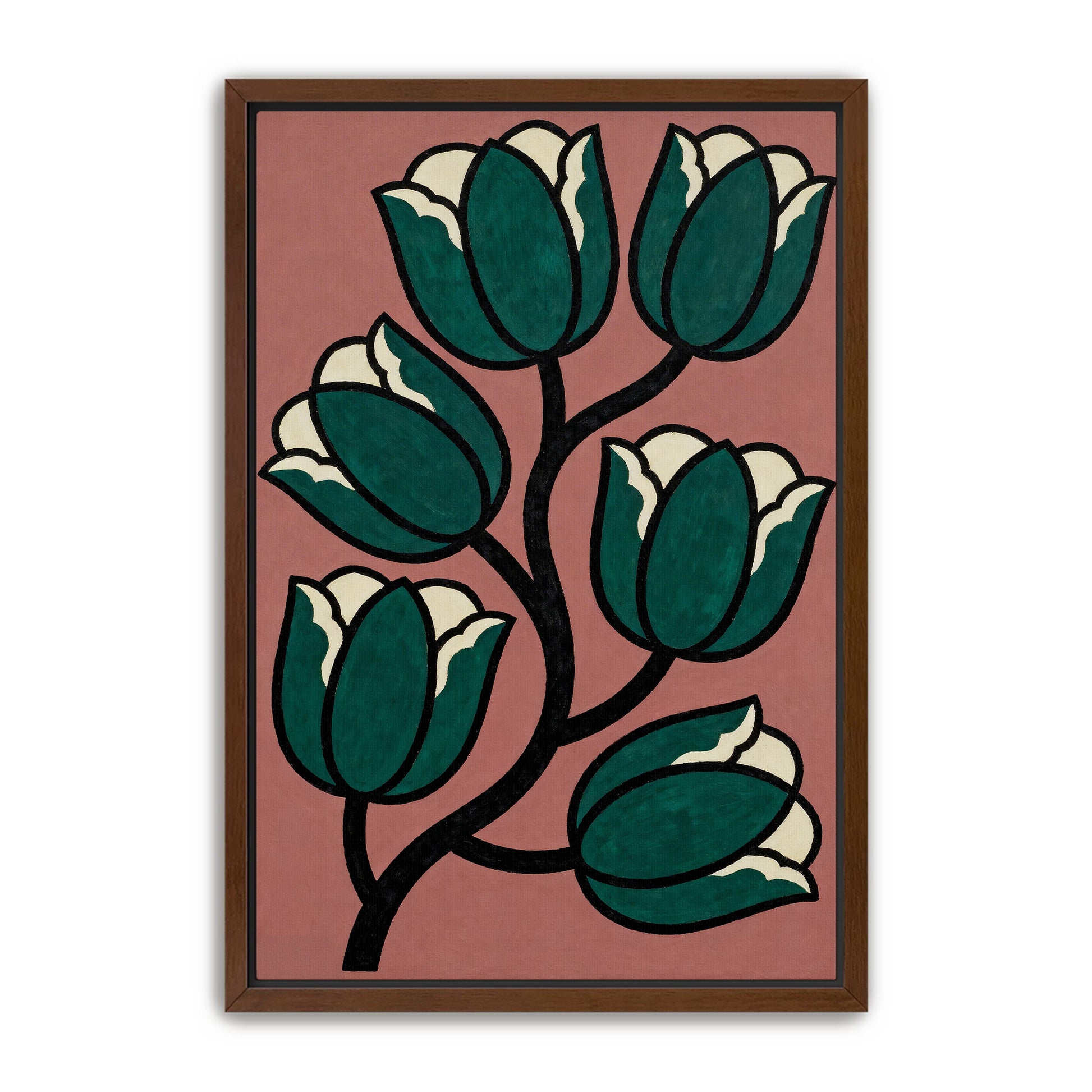 The image is a framed painting depicting a stylized arrangement of green tulips with white centers against a pink background.