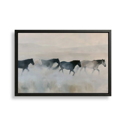 A group of horses running across a field, with a hazy, misty background.