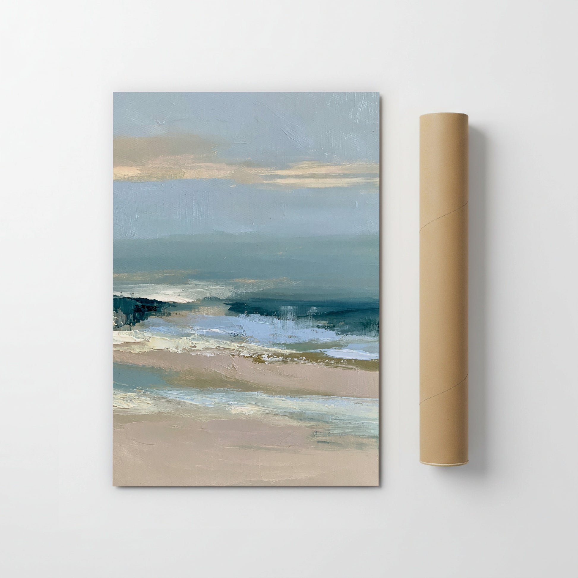 The image is a painting of a beach scene with a blue sky and ocean in the background.