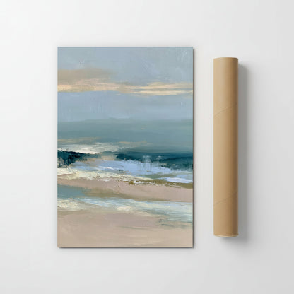 The image is a painting of a beach scene with a blue sky and ocean in the background.