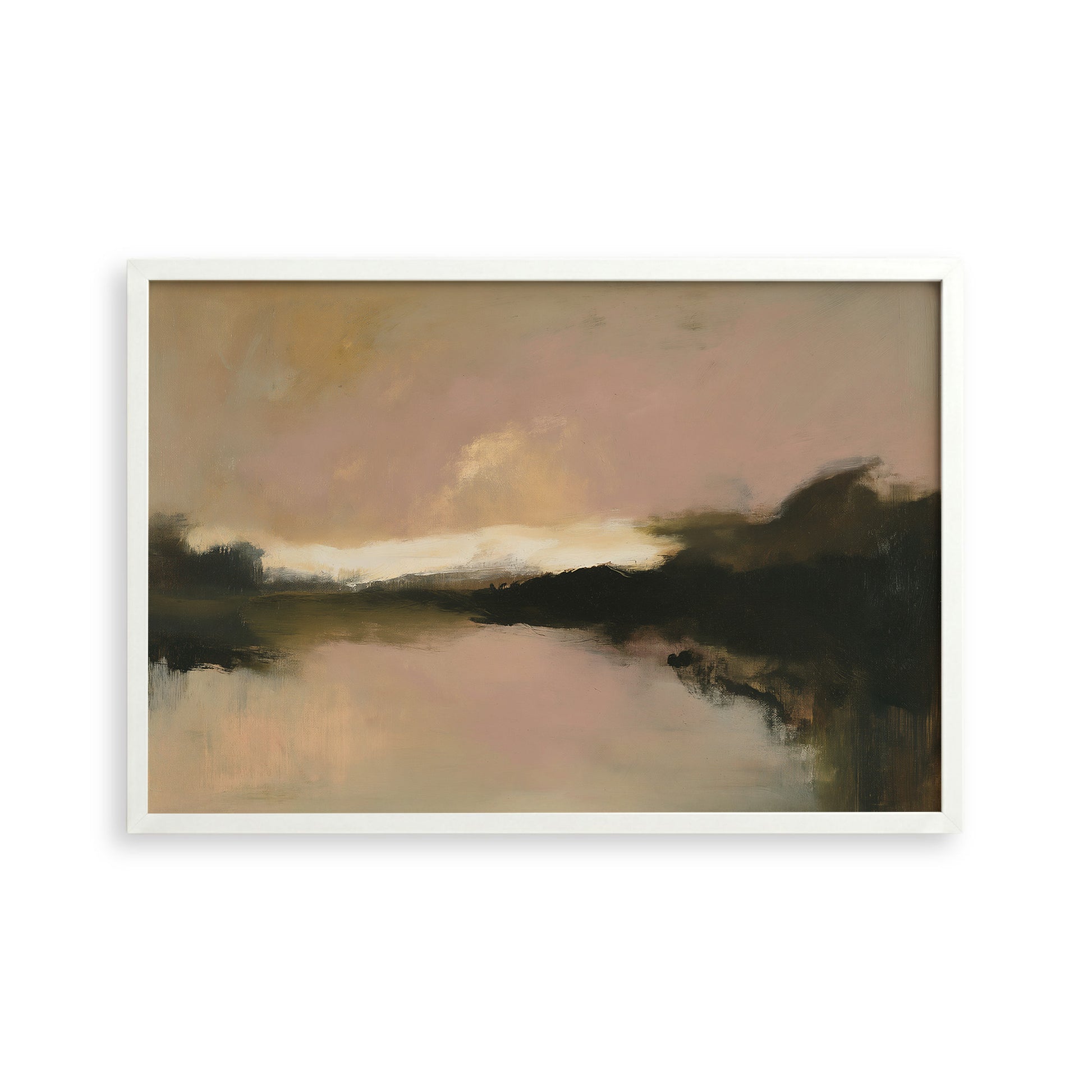 The image is an abstract landscape painting depicting a serene body of water with a cloudy sky in the background.