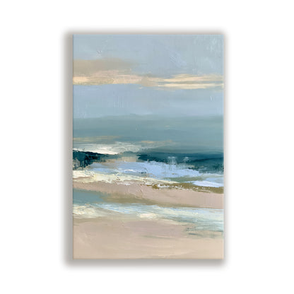 The image is an abstract painting depicting a serene beach scene with waves gently lapping against the shore.