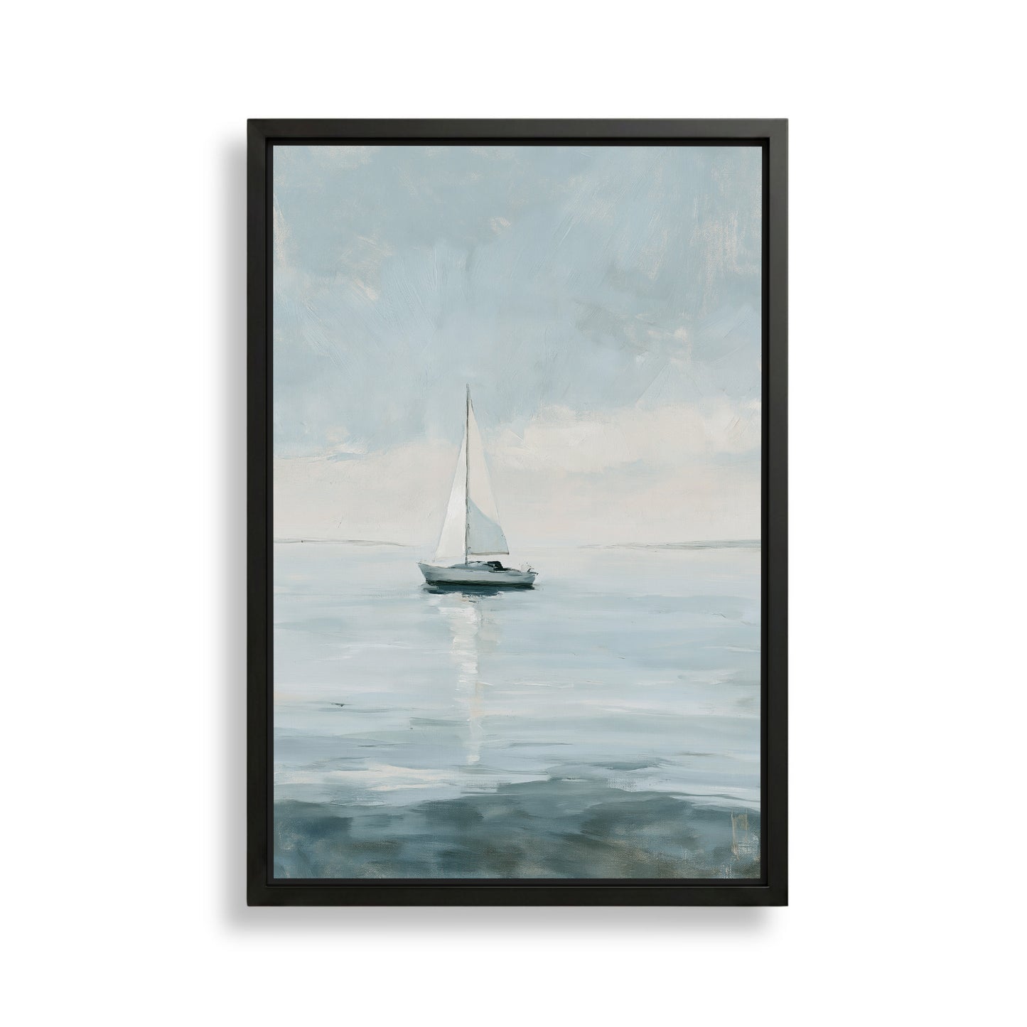A framed painting depicting a sailboat on a calm body of water, with a cloudy sky in the background.
