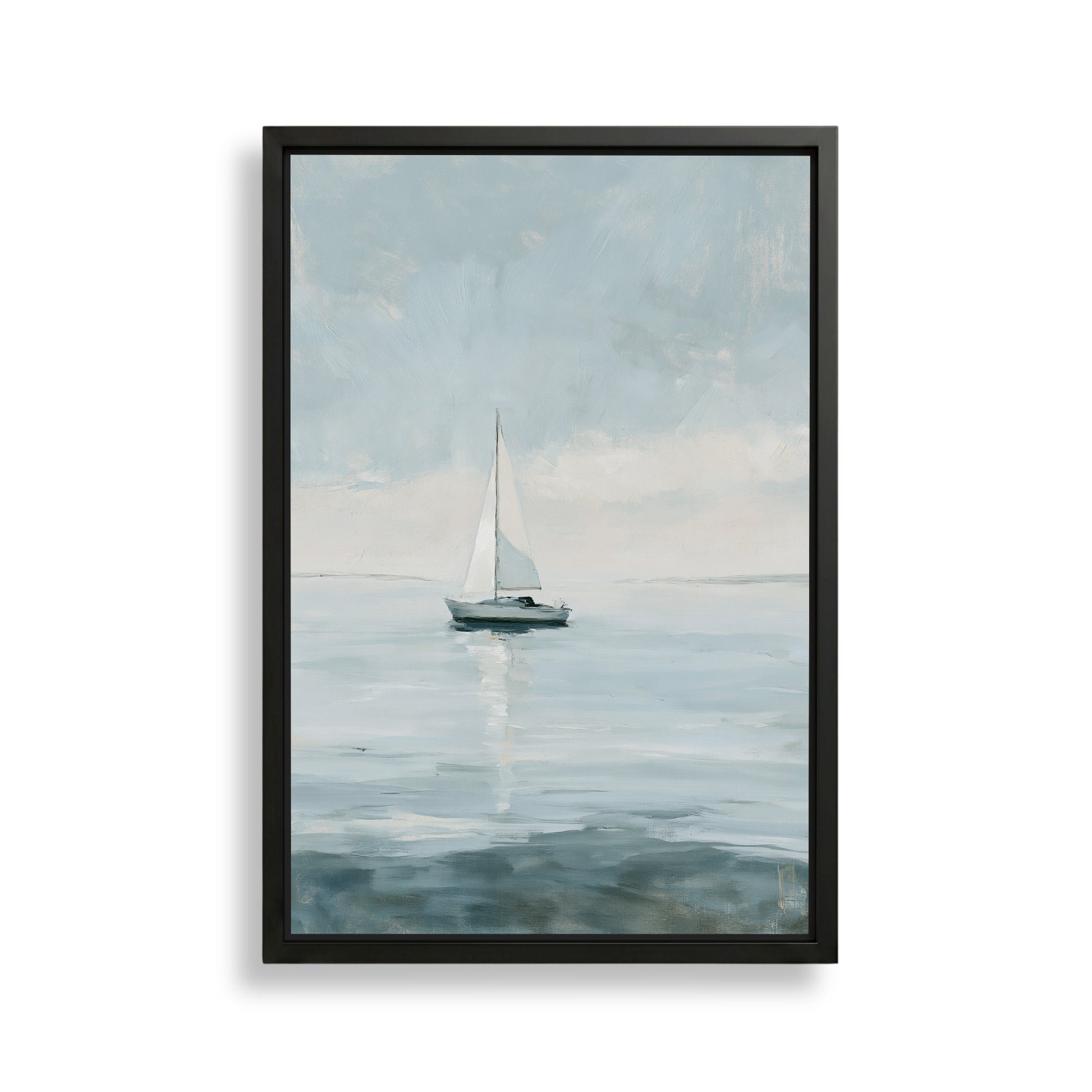 A framed painting depicting a sailboat on a calm body of water, with a cloudy sky in the background.