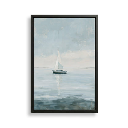 A framed painting depicting a sailboat on a calm body of water, with a cloudy sky in the background.
