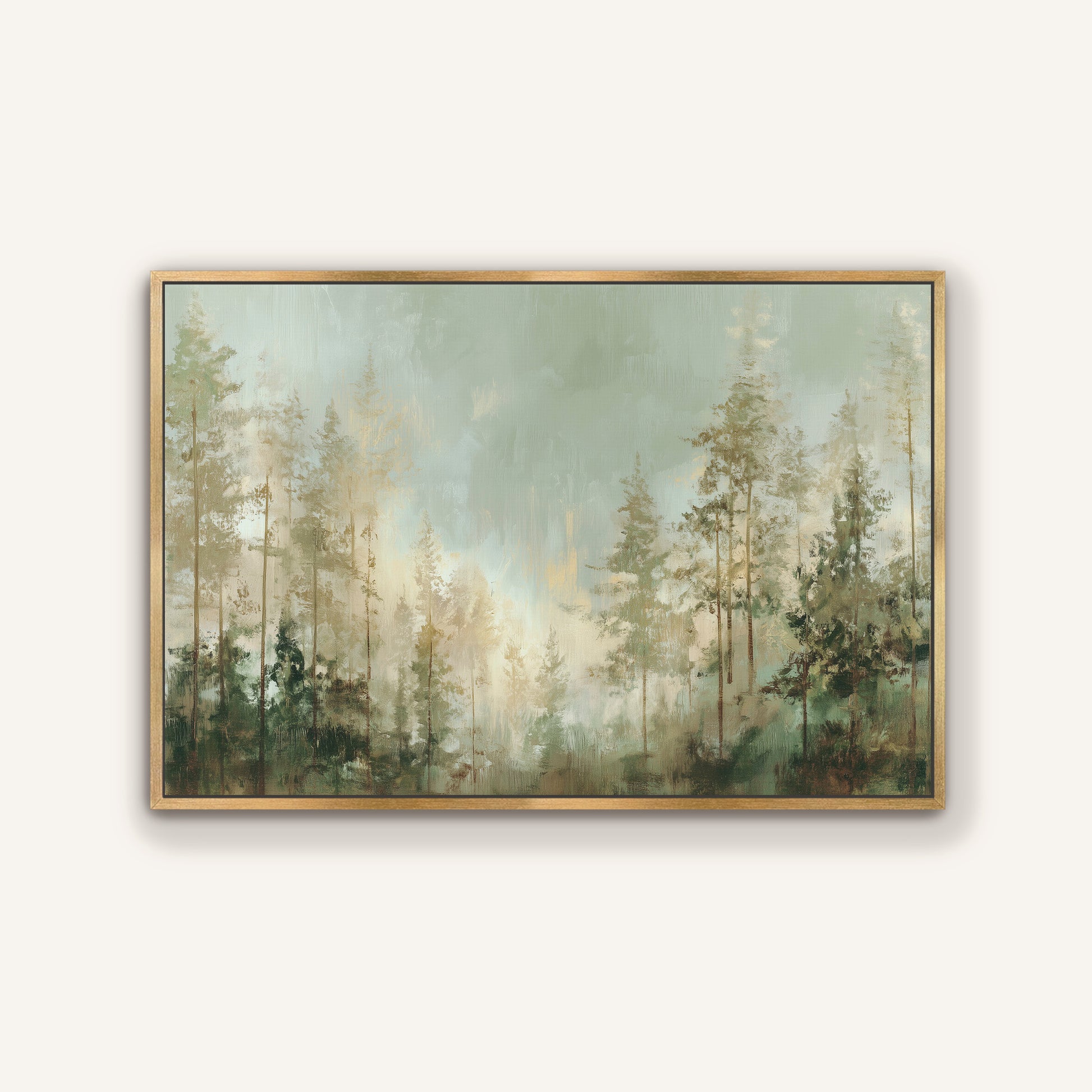The image is a painting of a forest scene with tall trees and a misty, hazy atmosphere.