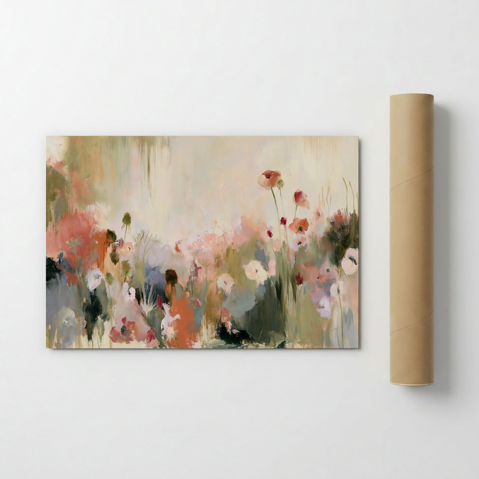The image is a painting of a field of flowers, with a variety of colors and brushstrokes creating a vibrant and lively scene.