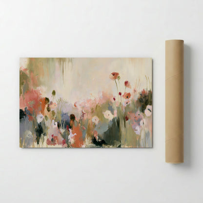 The image is a painting of a field of flowers, with a variety of colors and brushstrokes creating a vibrant and lively scene.