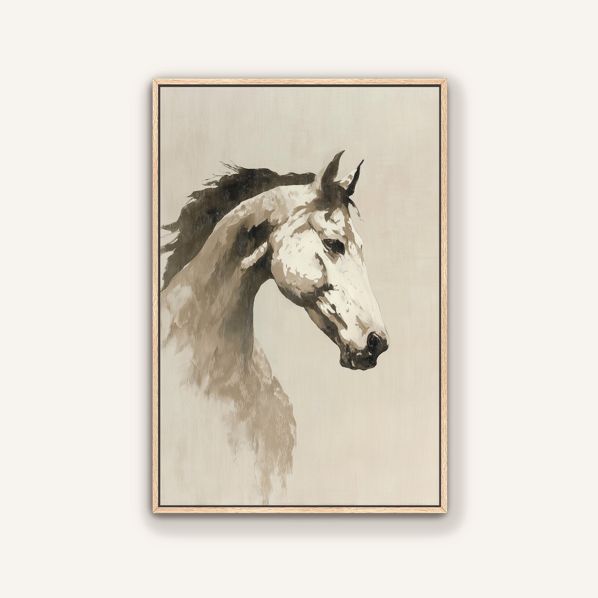 The image is a black and white portrait of a horse, with a simple and elegant composition.