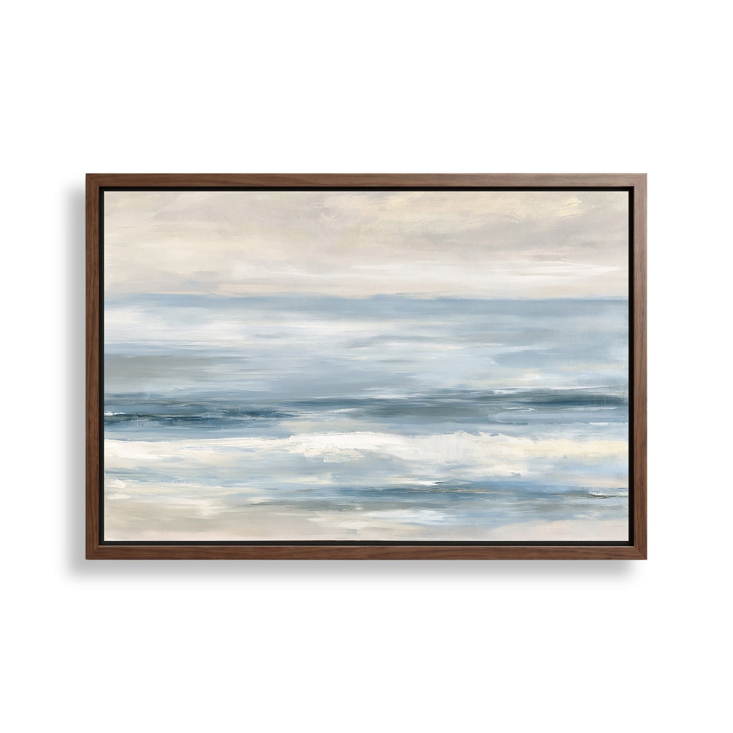 The image is a framed painting depicting a serene ocean scene with waves gently lapping against the shore.