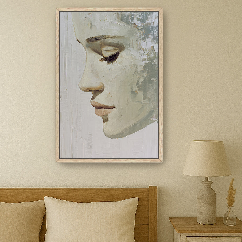 a bedroom setting with a large framed portrait of a woman's face hanging on the wall above a bed with a wooden headboard.