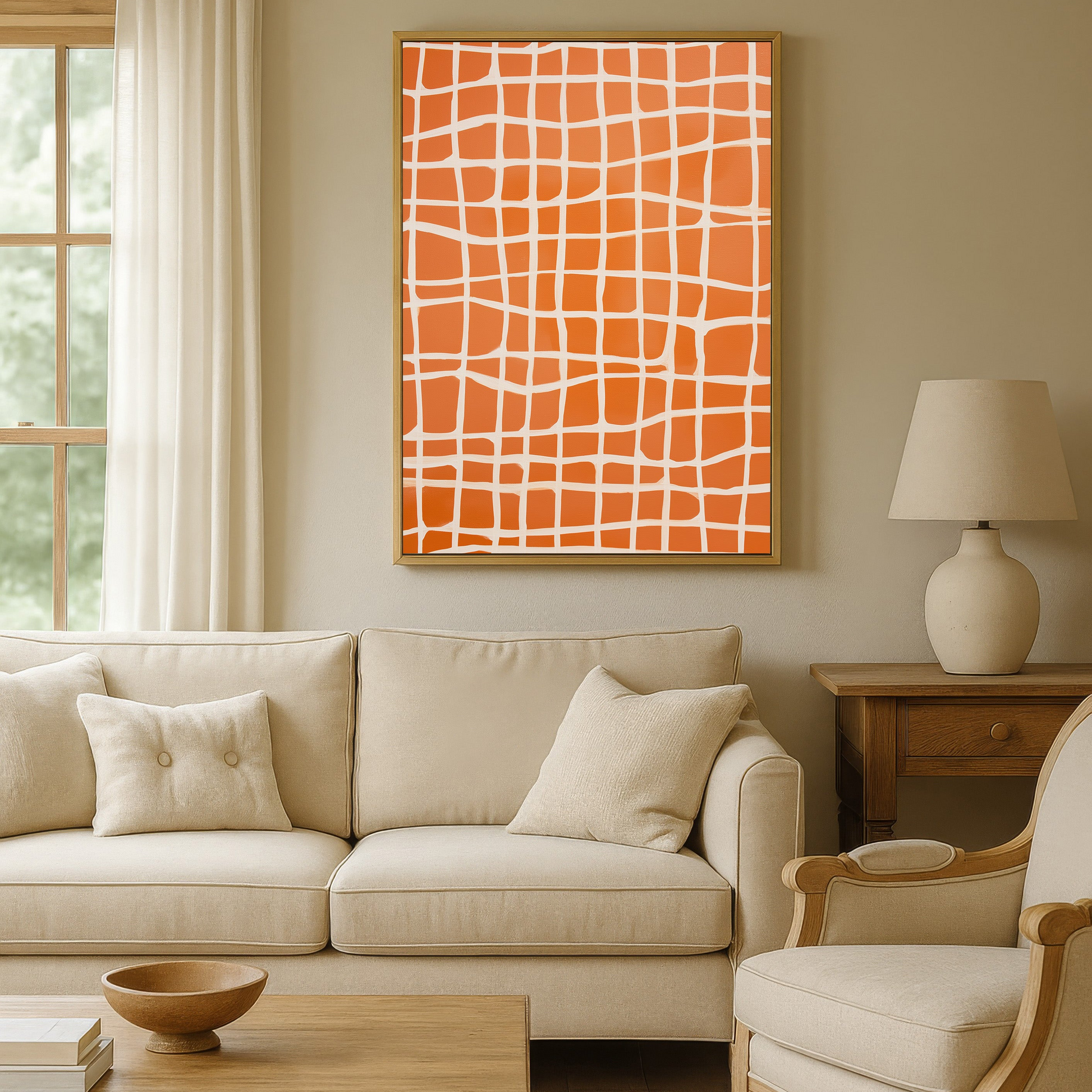 a cozy living room with a beige sofa, a wooden coffee table, and a framed orange and white abstract artwork on the wall.