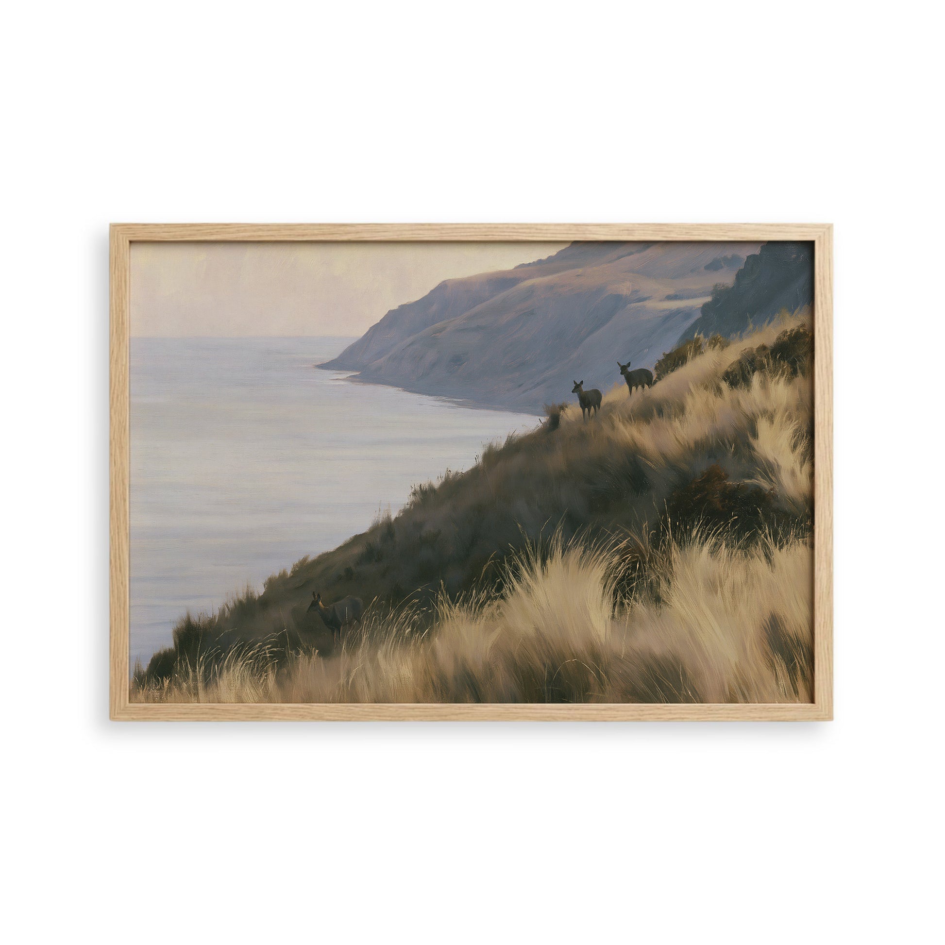 a serene landscape with a grassy hill overlooking a body of water, possibly a lake or ocean. Two deer can be seen standing on the hill, adding a sense of tranquility to the scene.