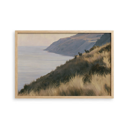 a serene landscape with a grassy hill overlooking a body of water, possibly a lake or ocean. Two deer can be seen standing on the hill, adding a sense of tranquility to the scene.