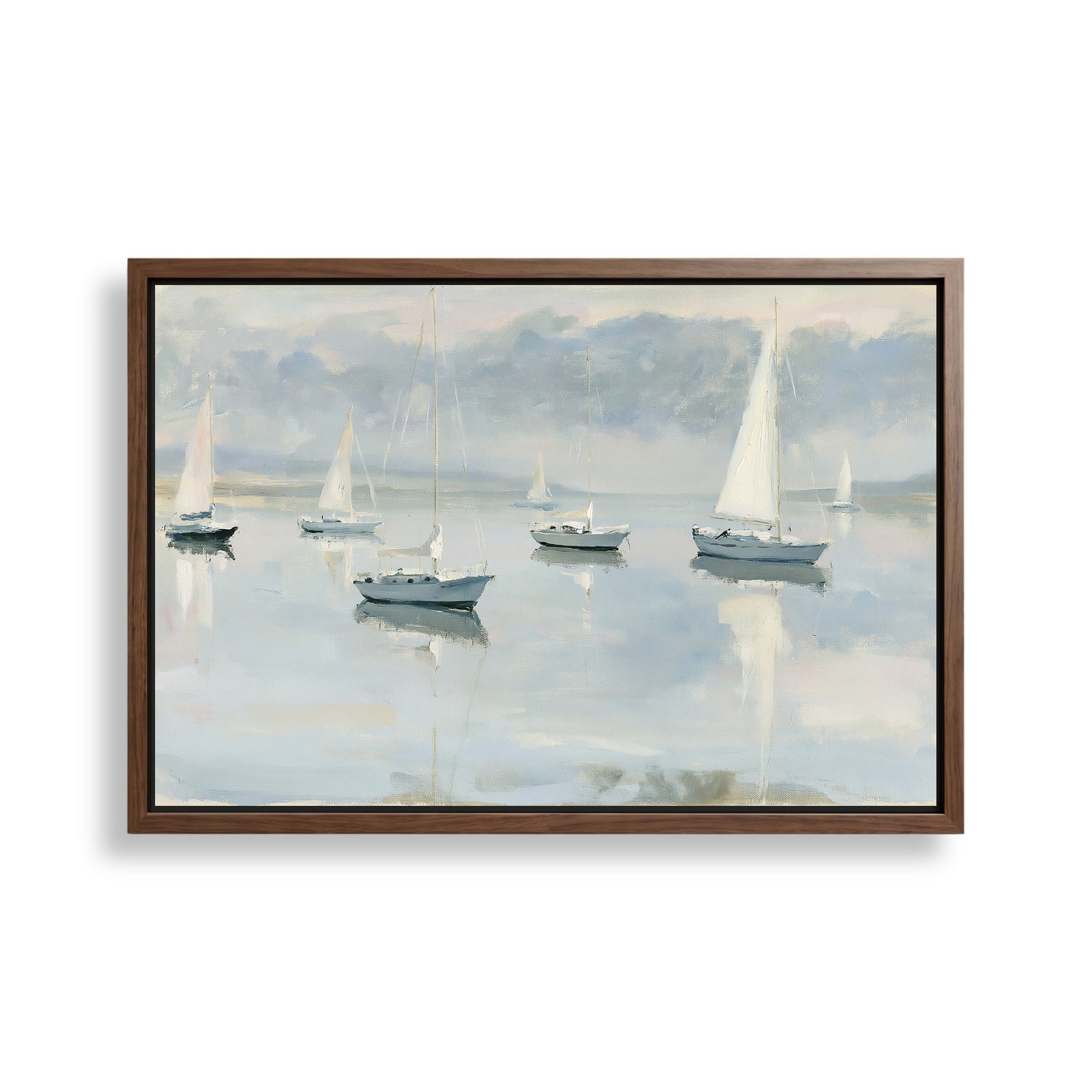 a serene scene of sailboats gently floating on a calm body of water, with a cloudy sky in the background.