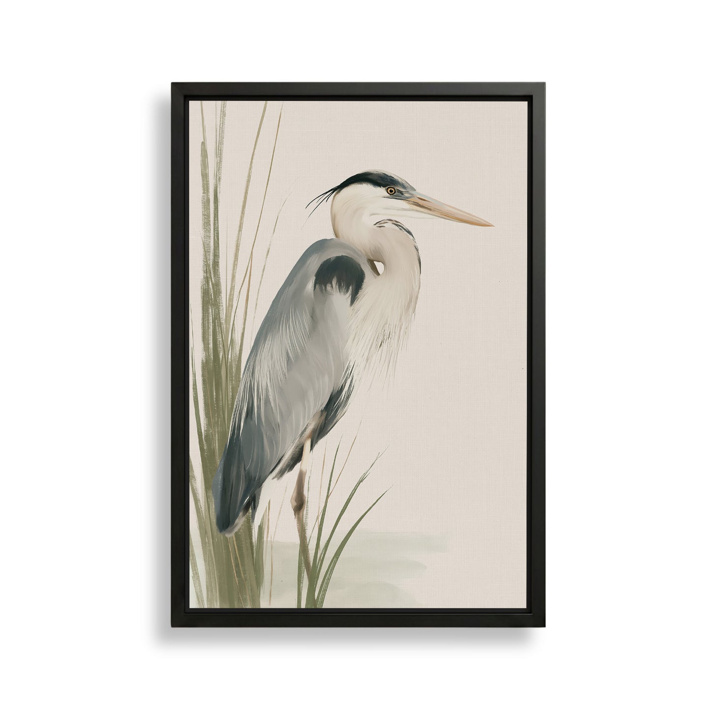 A framed painting depicting a heron standing in tall grass.