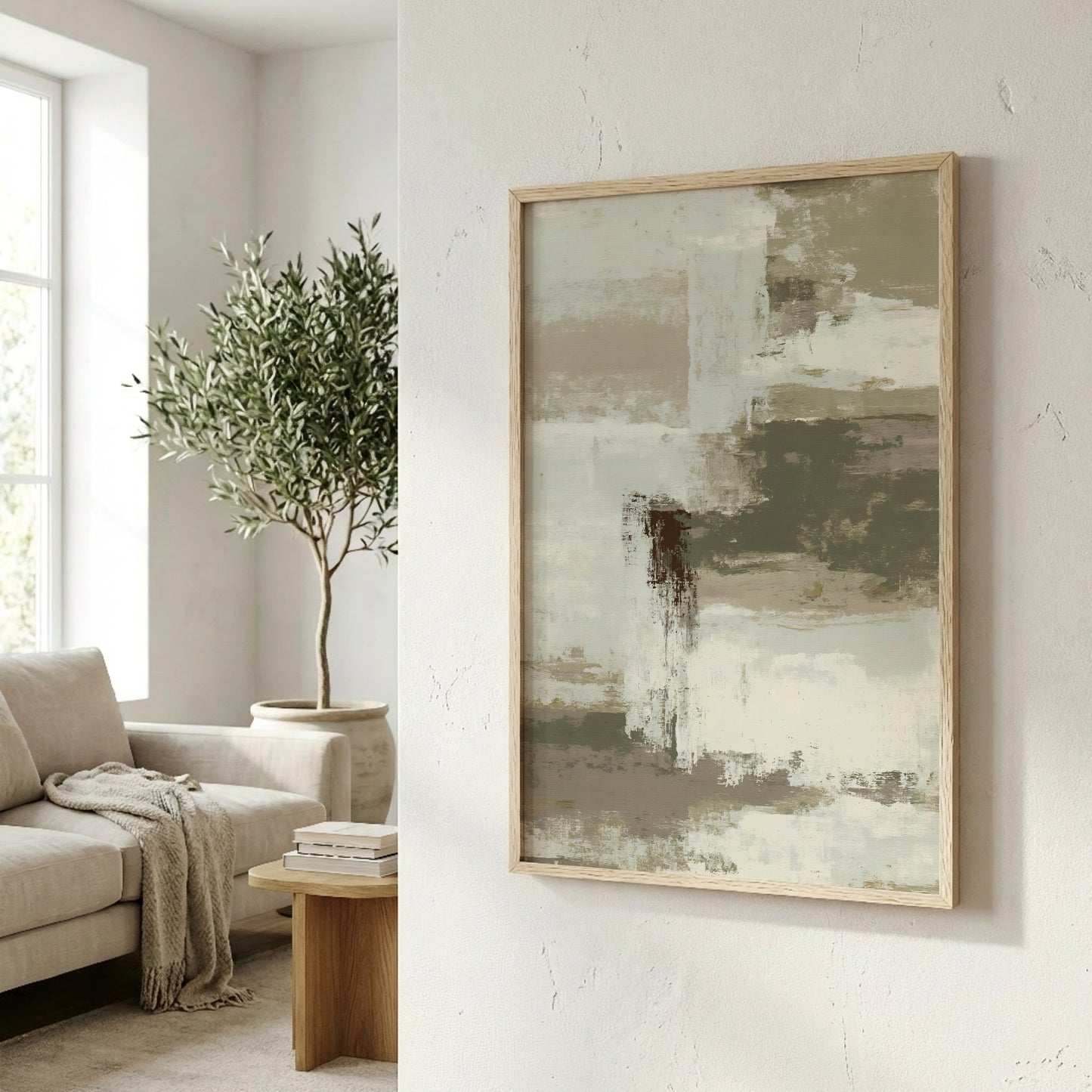 a cozy living room with a large abstract painting hanging on the wall, a comfortable couch, and a potted plant.