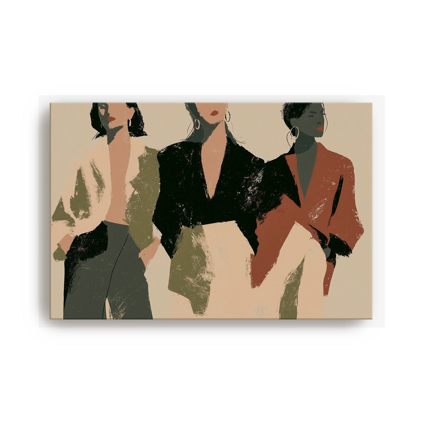 The image is a stylized illustration of three women wearing fashionable outfits, with a neutral color palette and bold brushstrokes.