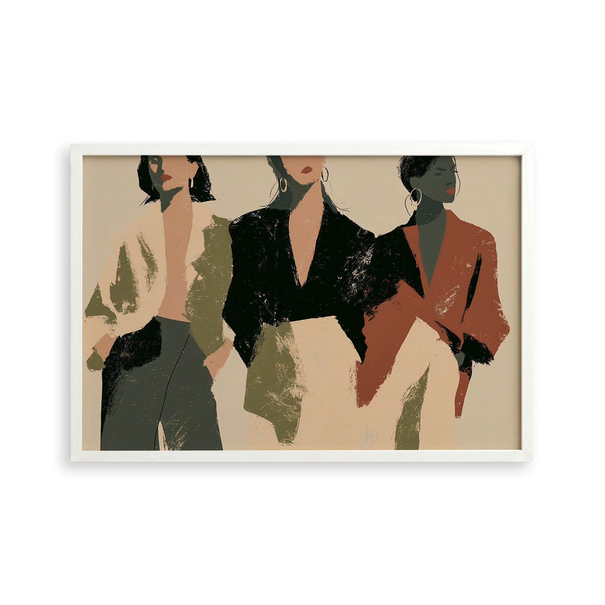 The image is a framed artwork depicting three stylized human figures in different outfits, arranged in a grid-like pattern.